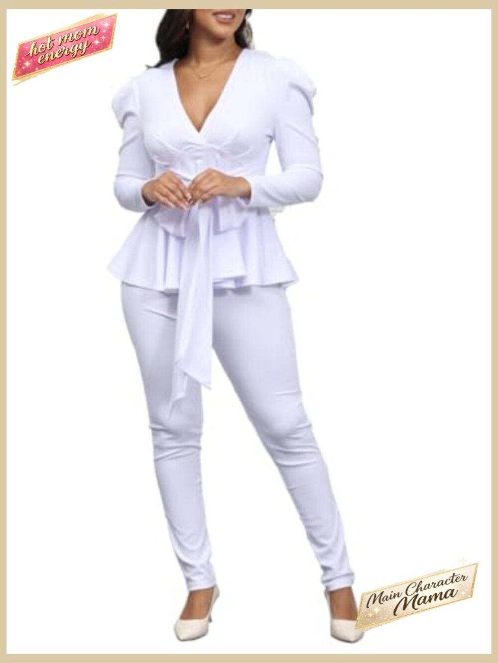 2 Piece Blazer with Pants Deep V Long Sleeve Slim Fit Ruffle Hem Business Suit - Picture 4 of 7
